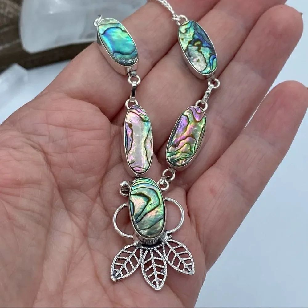 Abalone Shell Sterling Silver Boho Feather Necklace